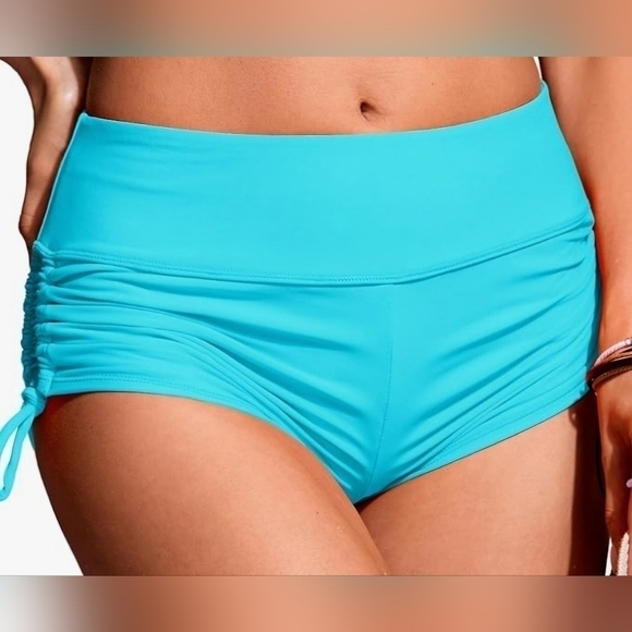 130.🆕XS CRZ YOGA High Waisted Turquoise Adjustable Ruched Side Swim Shorts - Picture 2 of 8